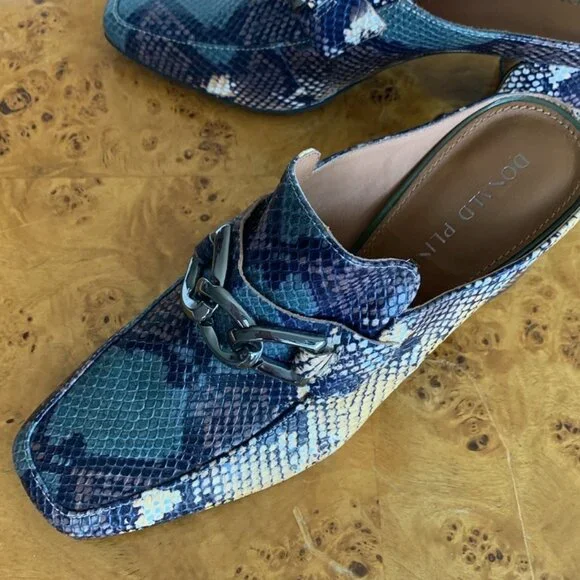 WMN 8.5 Donald Pliner "Caape" Mule Block Heel Leather Loafer blue emboss snake - Picture 5 of 10